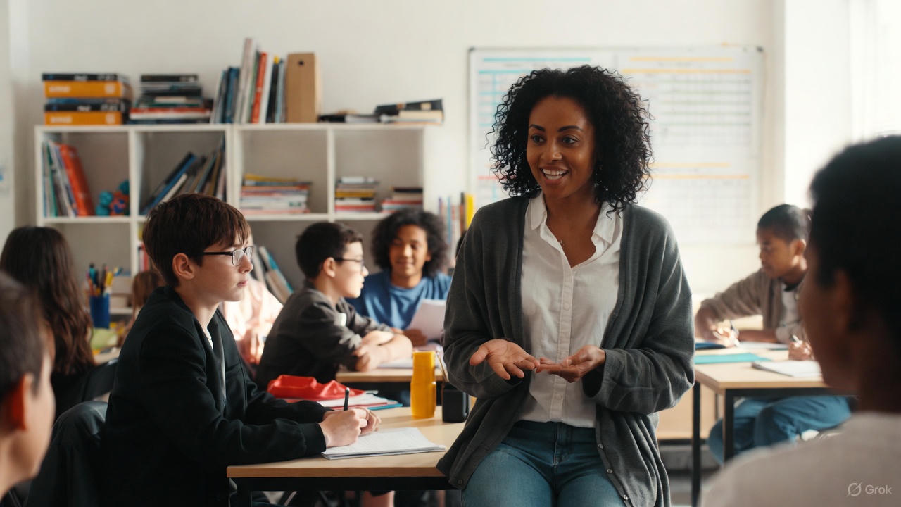শিক্ষার্থীদের সঙ্গে ইনস্ট্রাক্টর পদে কর্মরত নারীর এআই চিত্র। ছবি: গ্রোক